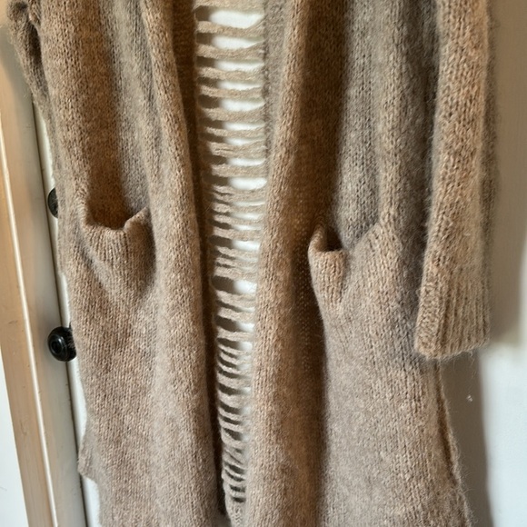 Current Elliott Long Slash Pocket Open Front Alpaca shredded Cardigan beige 3 lg - Picture 3 of 6